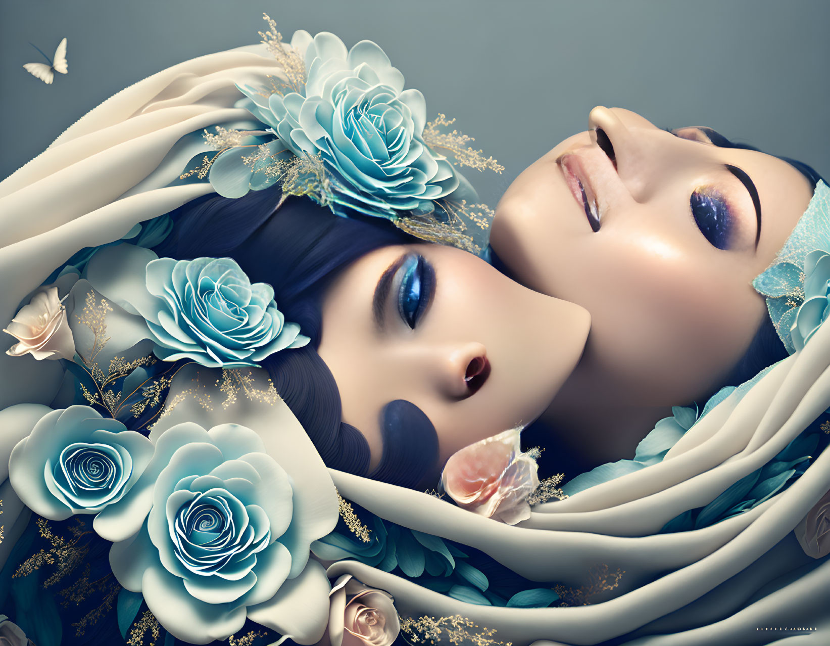 Stylized feminine faces with blue roses and drapery on grey backdrop