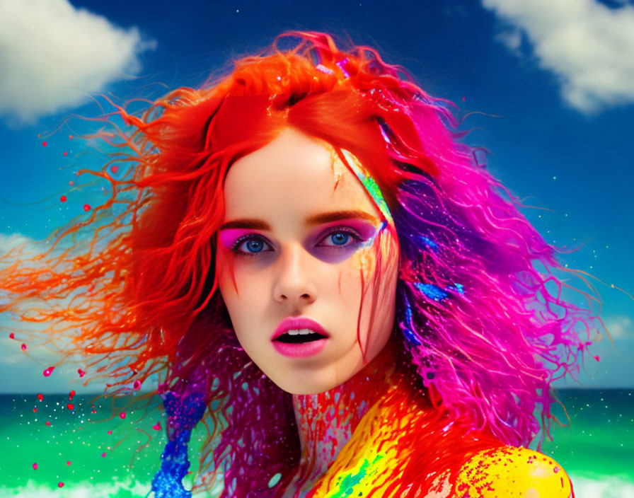 Colorful portrait: Woman with orange and pink hair against blue sky and sea