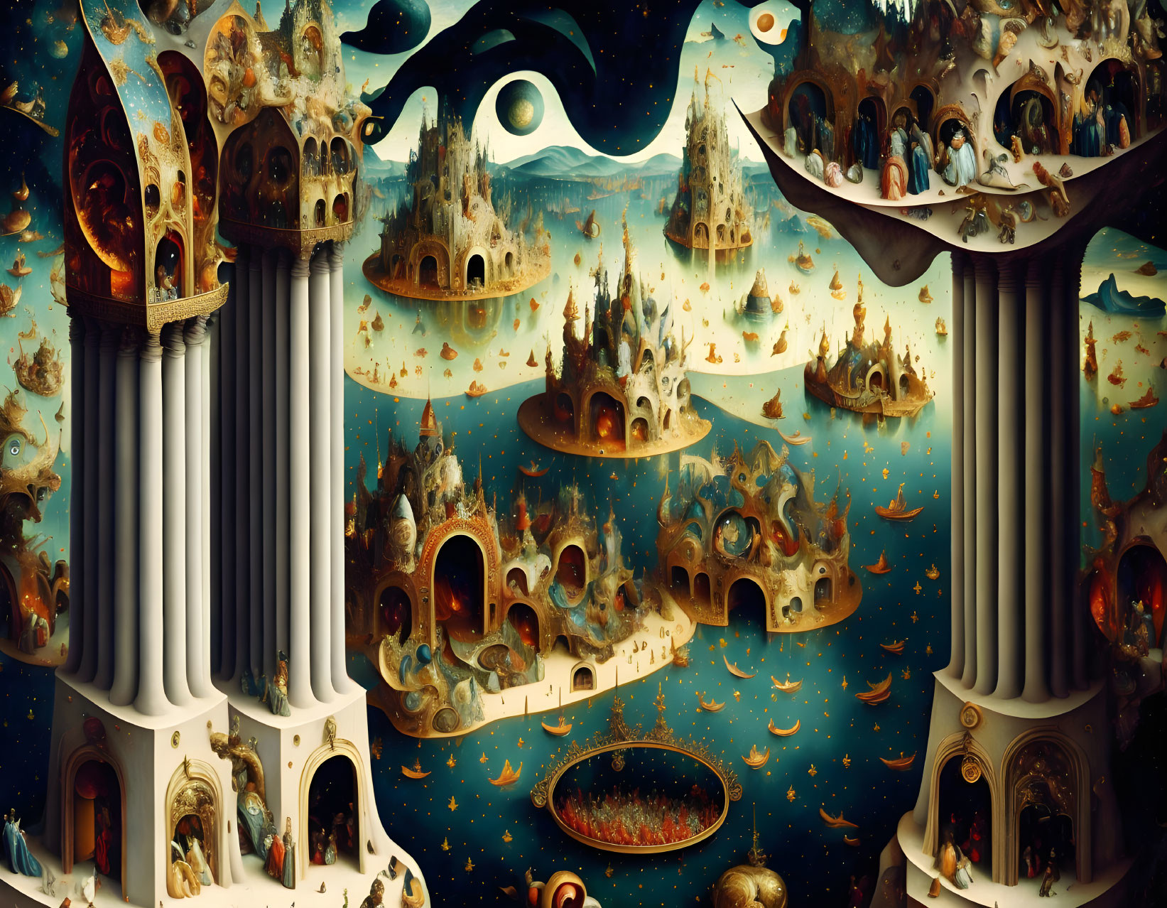 Surreal landscape with floating islands and classical architecture