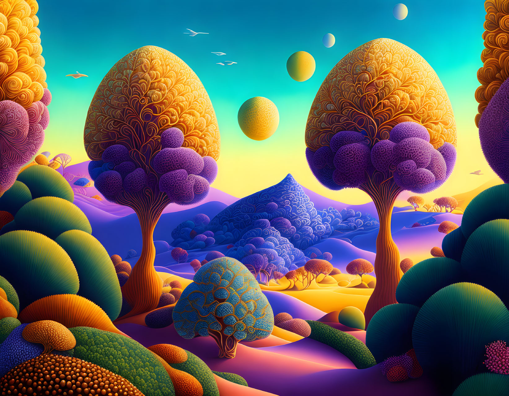 Colorful surreal landscape with swirling trees, hills, and floating orbs