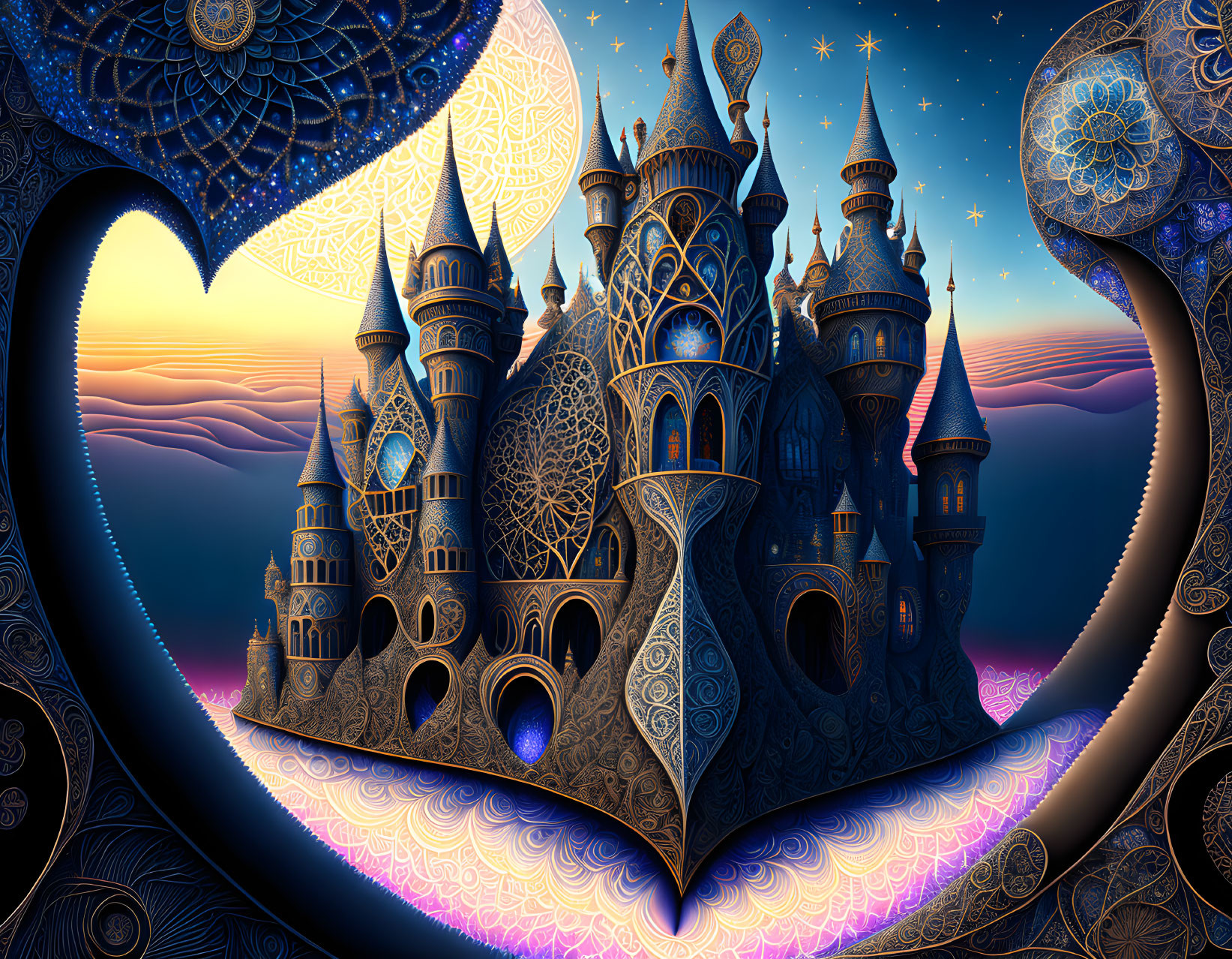 Intricate Castle with Ornate Patterns Under Starry Sky