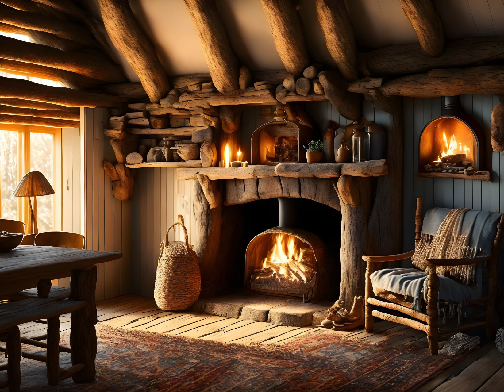 Rustic log cabin interior with fireplace and wooden furniture