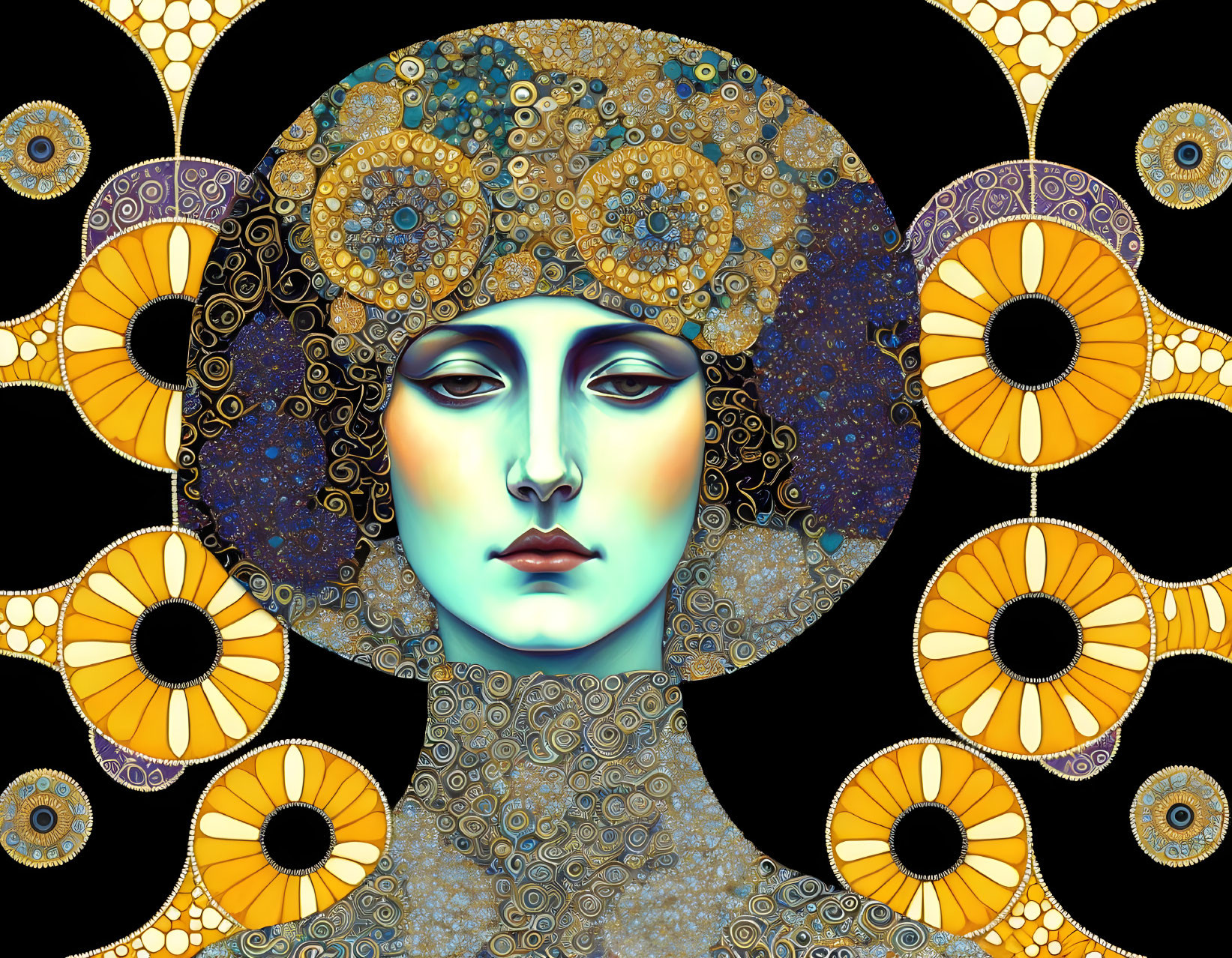 Stylized woman's face with intricate patterns on dark background