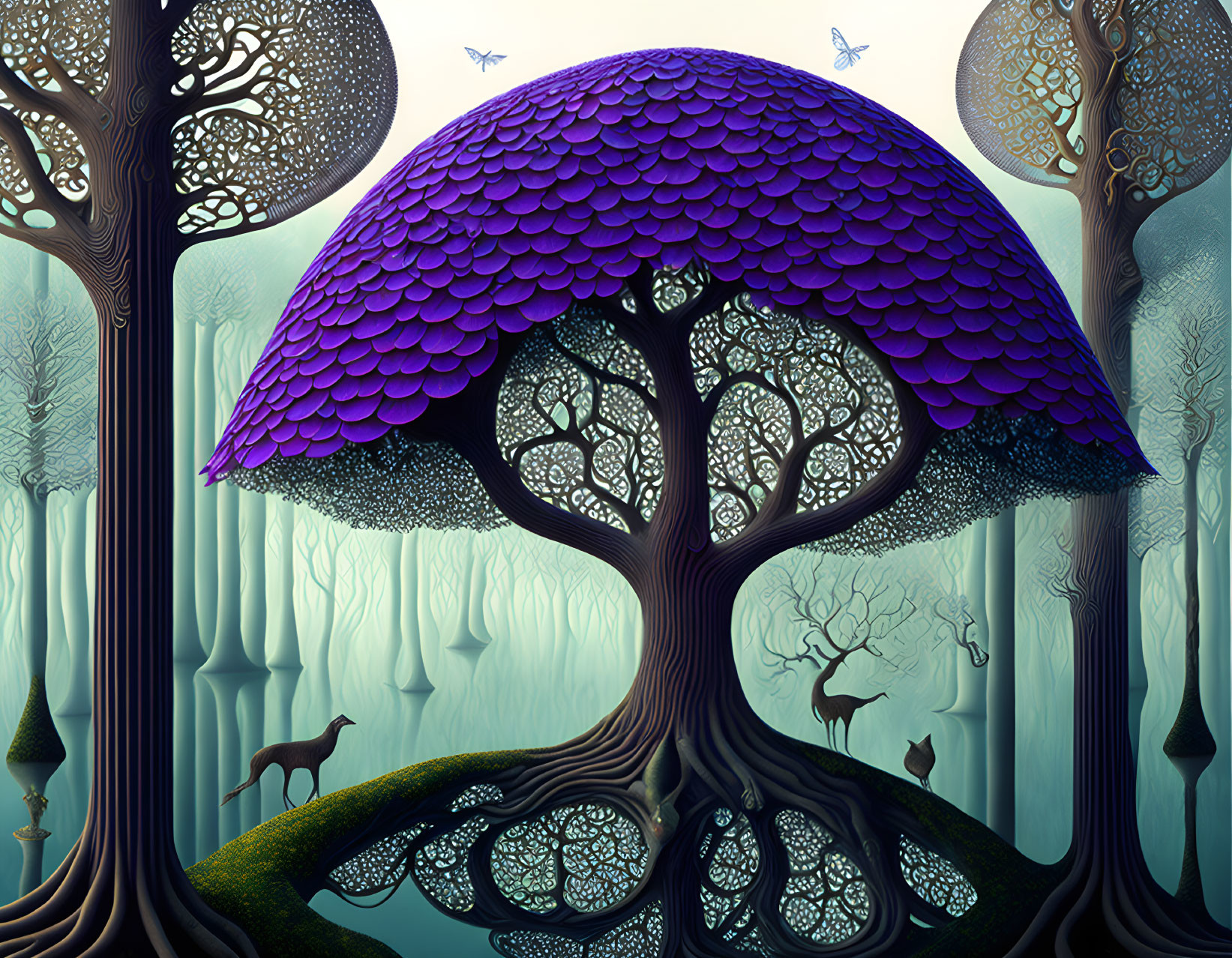 Surreal forest with purple dome tree, deer, butterflies, twilight sky