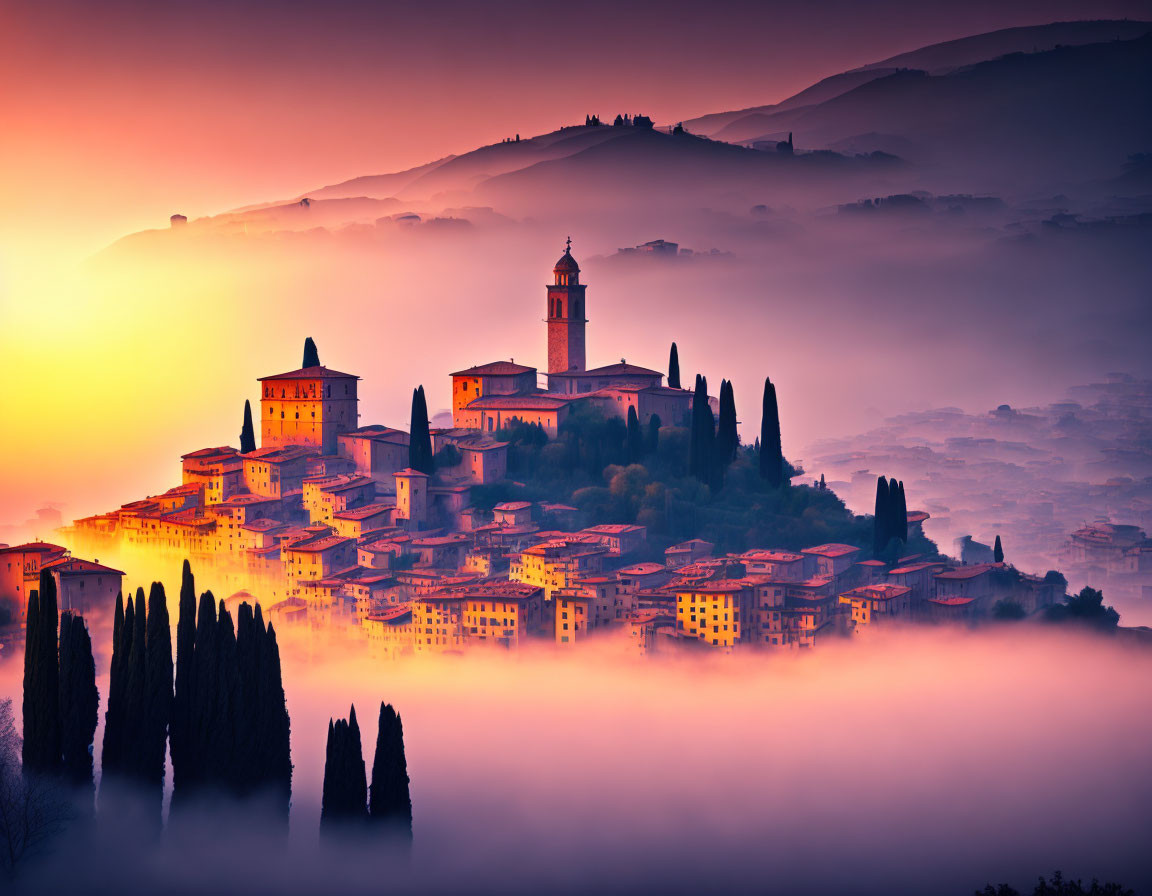 Historic hilltop town in misty sunrise with church tower and buildings.