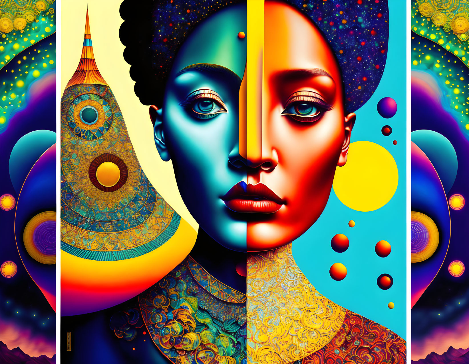 Split Face Digital Art with Cosmic and Ornate Patterns on Colorful Background