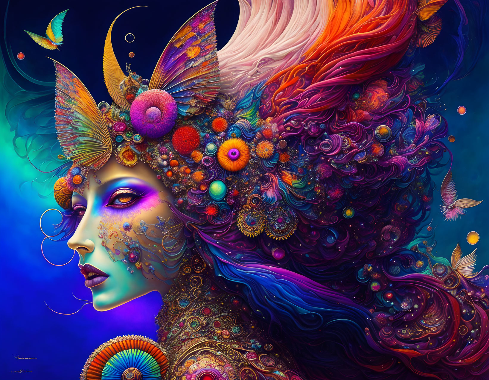 Fantasy female figure with butterfly in colorful digital art