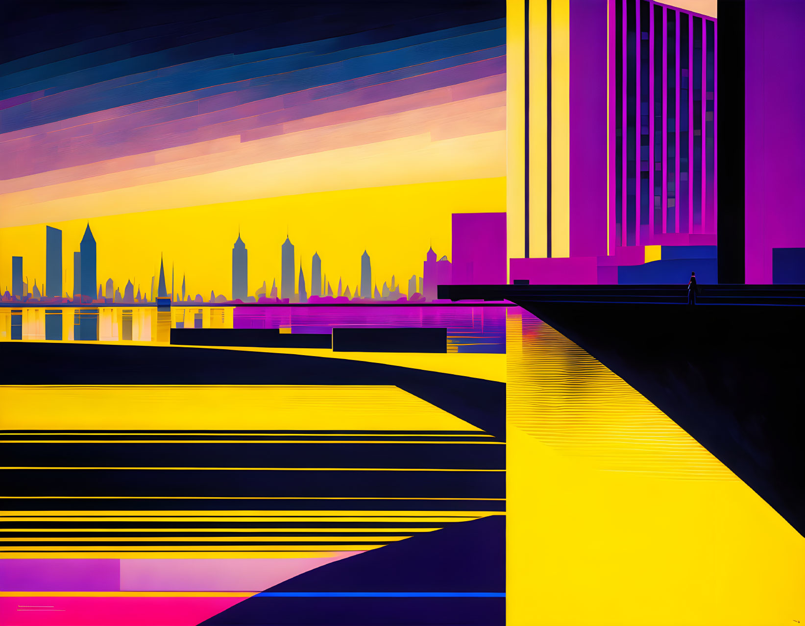 Colorful Abstract Cityscape with Silhouetted Buildings and Reflective Water