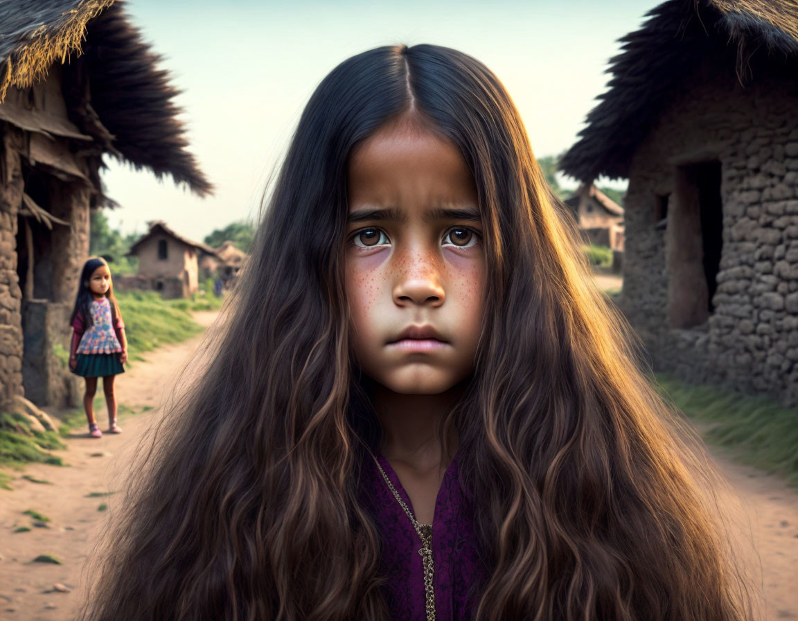 Two girls in rural village setting, one with long wavy hair.