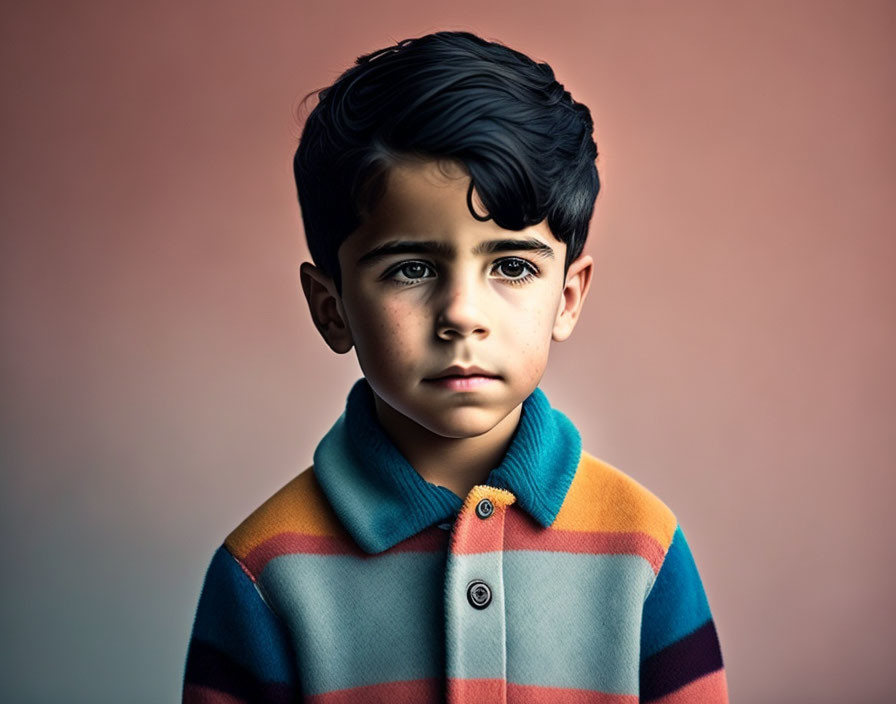 Young boy with dark hair and eyes in colorful striped shirt on pastel background