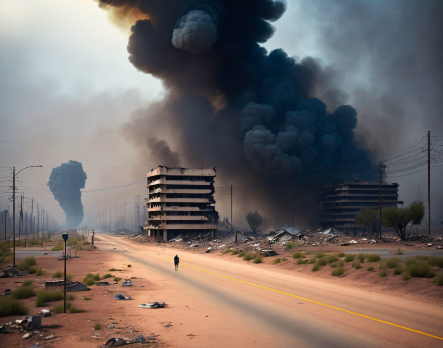 Deserted road with ruins and burning structures on a hazy day