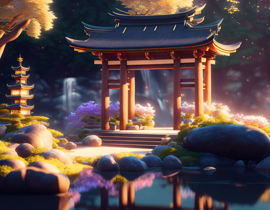 Japanese garden with torii gate, pagoda, and blossoming flowers at sunset