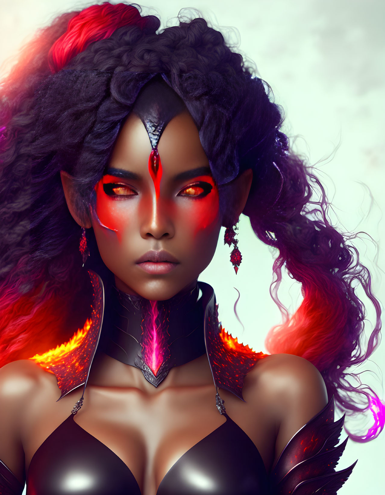 Fantasy illustration of woman with red glowing eyes and fiery magical elements