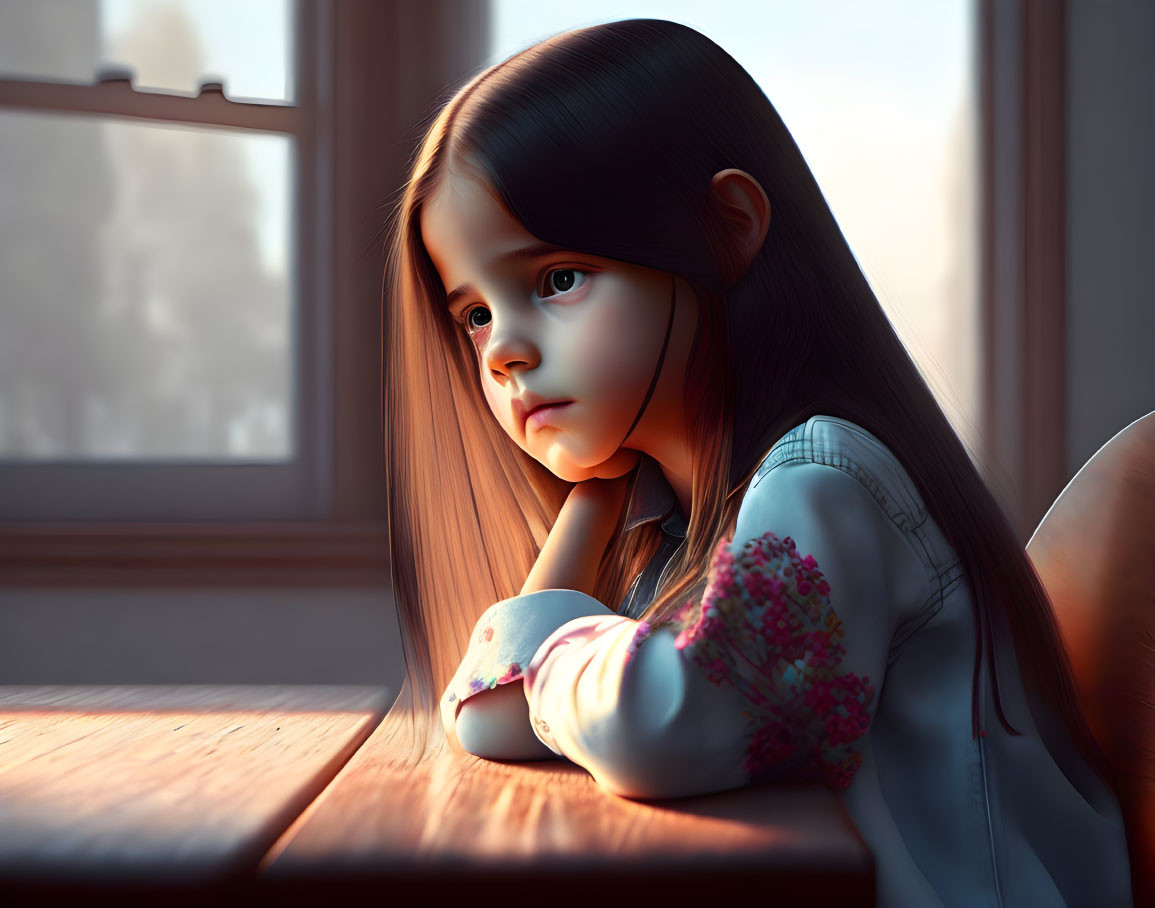 Young girl with long hair gazes thoughtfully out sunny window