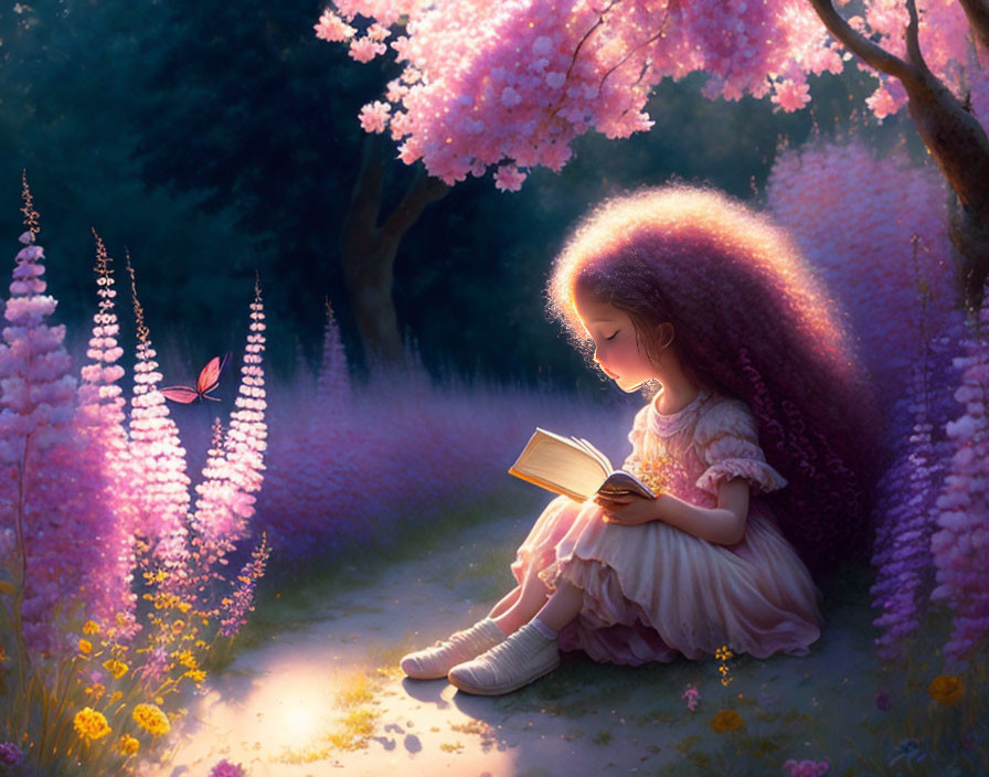 Curly-haired girl reading in magical forest with pink trees and glowing butterfly