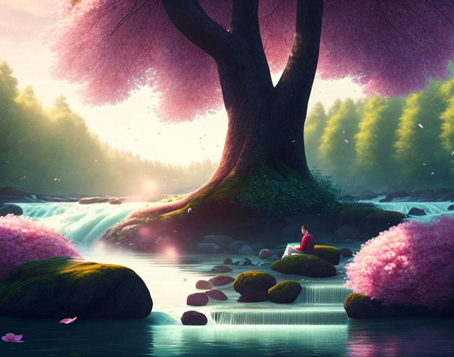 Tranquil river scene with pink blossom tree and sunbeams