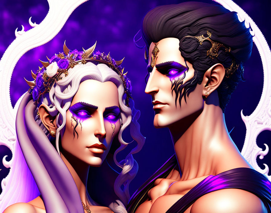 Stylized characters with purple and gold accents on violet background with white framing