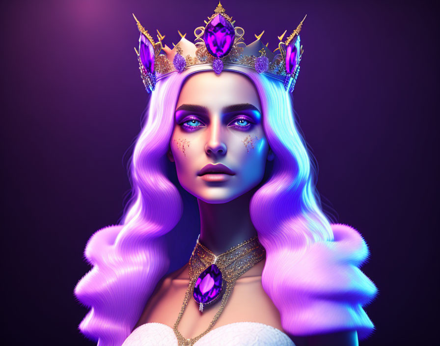 Colorful 3D illustration of woman with purple hair, crown, gemstone jewelry in fantasy style