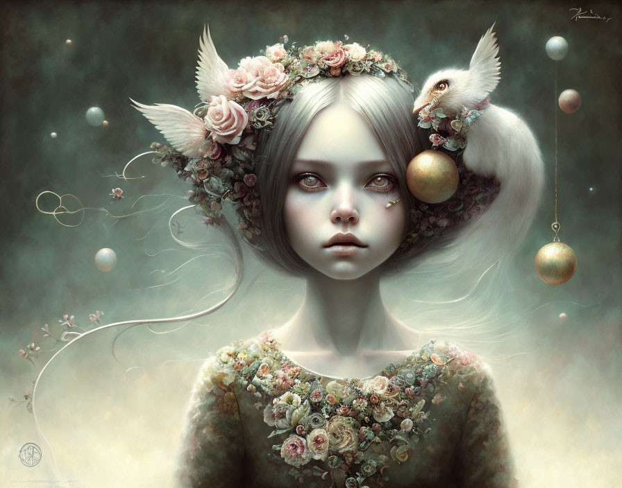 Fantasy illustration of a girl with expressive eyes and a winged white squirrel