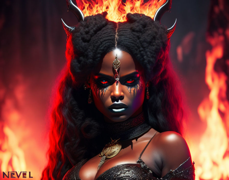 Fantasy character with demon-inspired makeup and horns in fiery backdrop