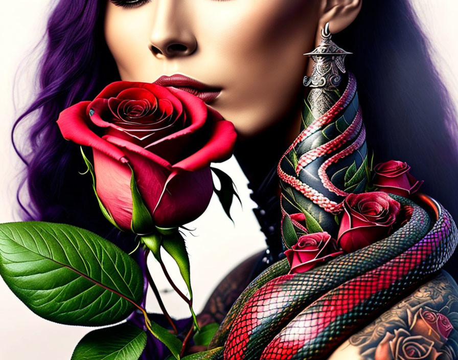 Woman with Purple Hair Holding Red Rose and Colorful Snake