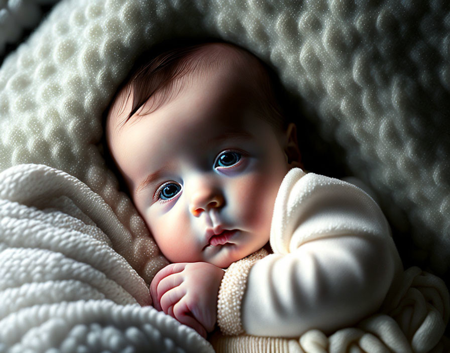 Serene baby with bright blue eyes on cozy white blanket