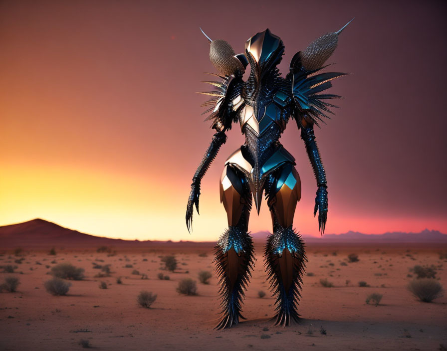 Futuristic warrior in elaborate alien costume in desert at sunset