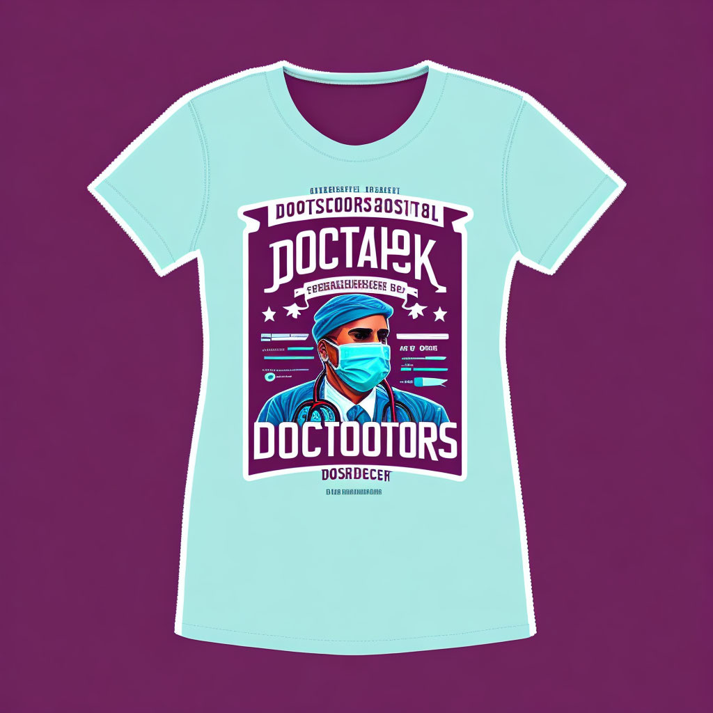 Light Blue T-Shirt with Doctor Graphic and Cyrillic Text Design