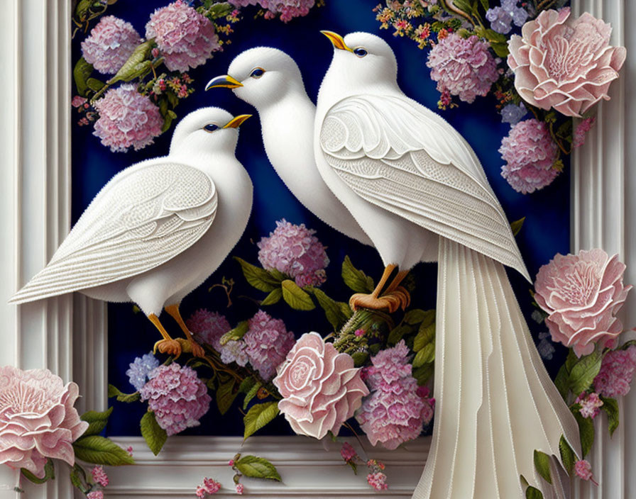 Three white doves with pink and purple flowers in ornate blue border