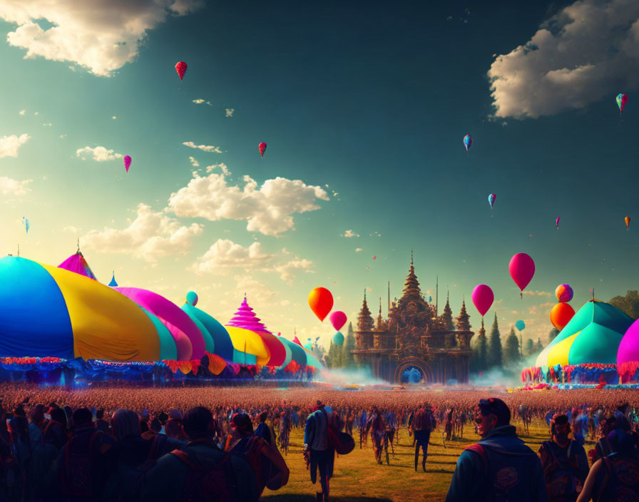 Colorful hot air balloon festival near ornate temple with crowd and dreamy sky.