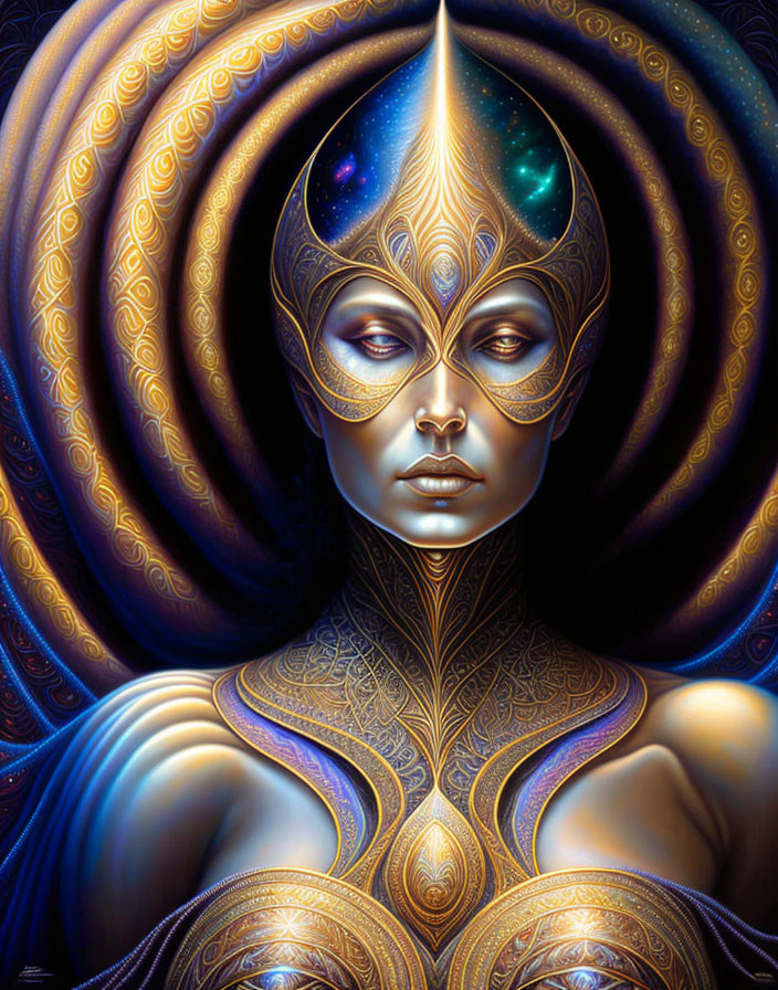 Intricate gold and blue surreal portrait with cosmic motifs and abstract designs