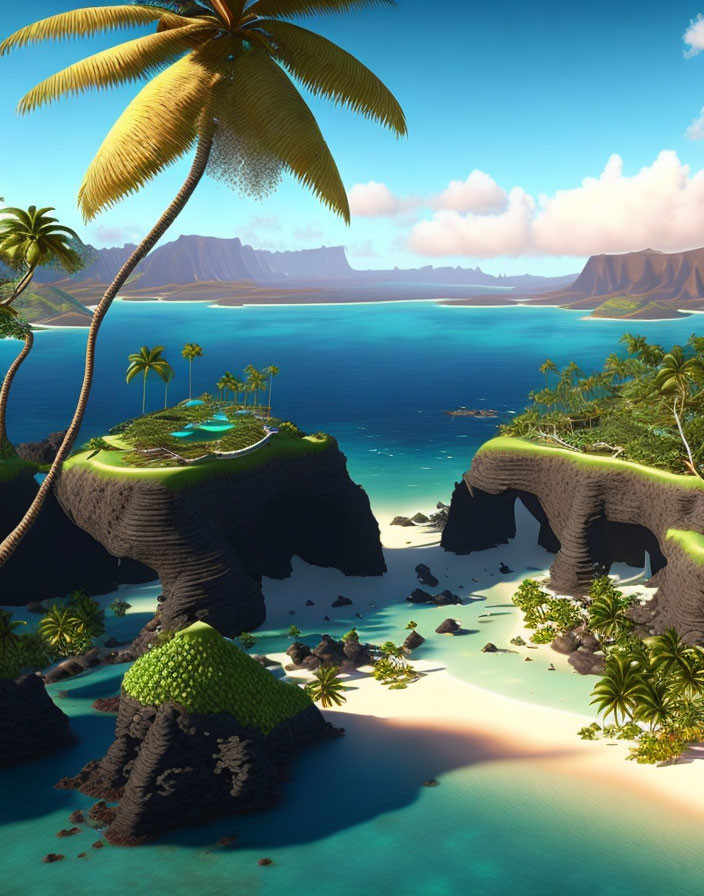 Tropical paradise with arch-like rock formations and white sandy beaches