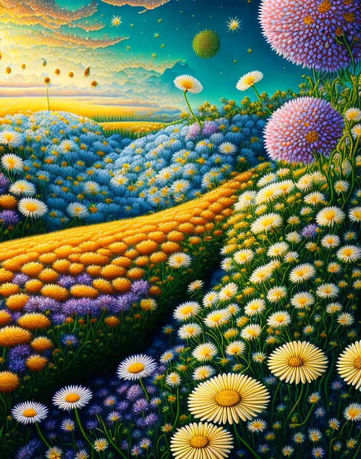 Colorful Fantastical Flower Field Painting with Diverse Floral Species and Starry Sky