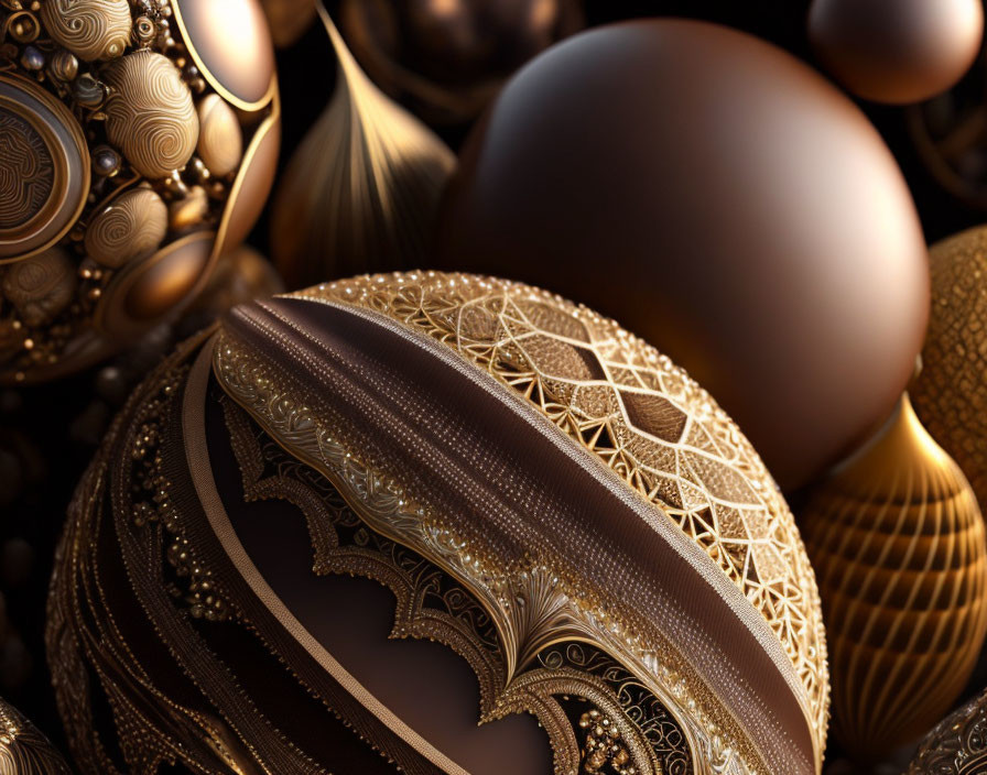 Intricate Golden Spheres with Detailed Patterns and Textures