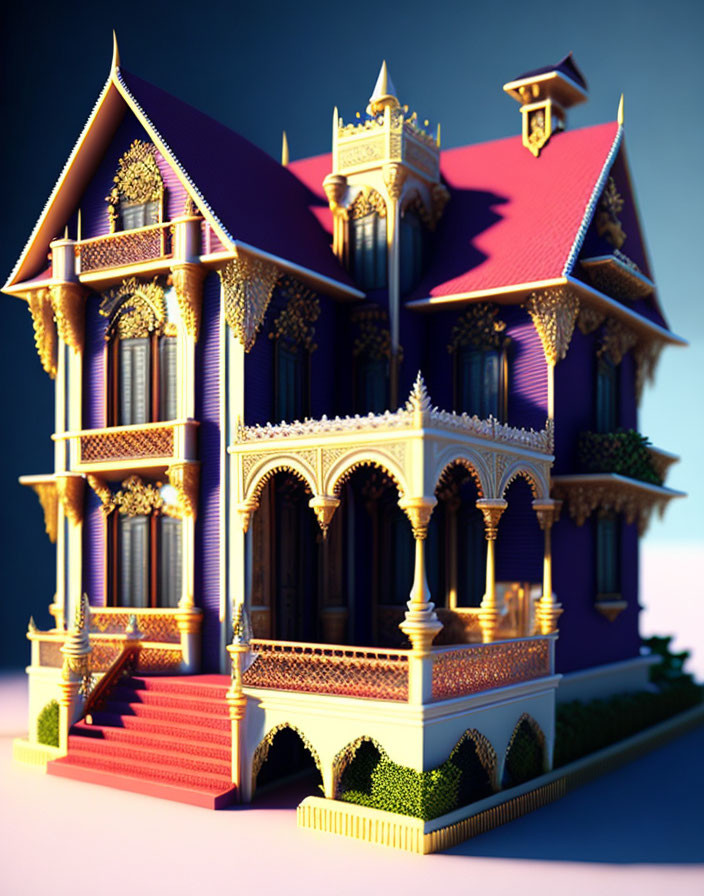 Victorian-style house with purple roof and gold trim on multiple balconies