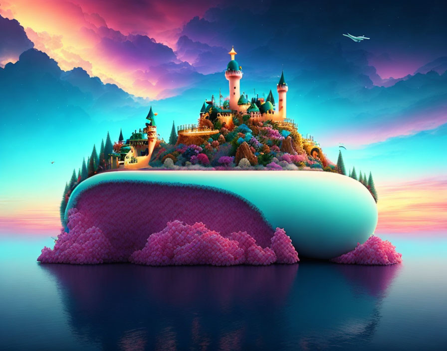 Fantasy island with whimsical castle, lush greenery, and pink trees above water at sunset