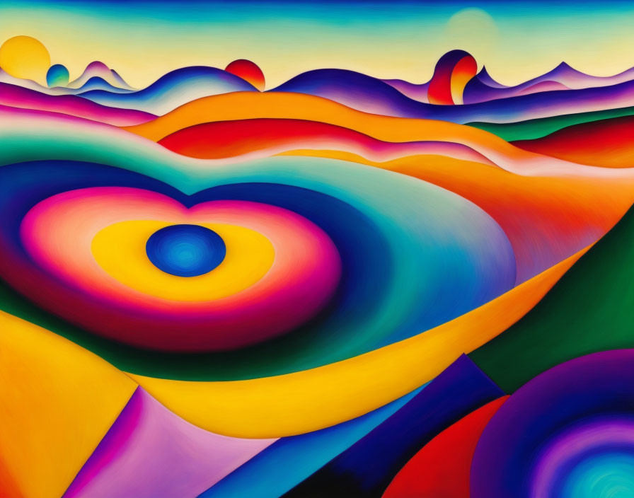 Colorful Abstract Painting: Rolling Hills, Swirling Patterns, Heart Shapes, Gradient Sky