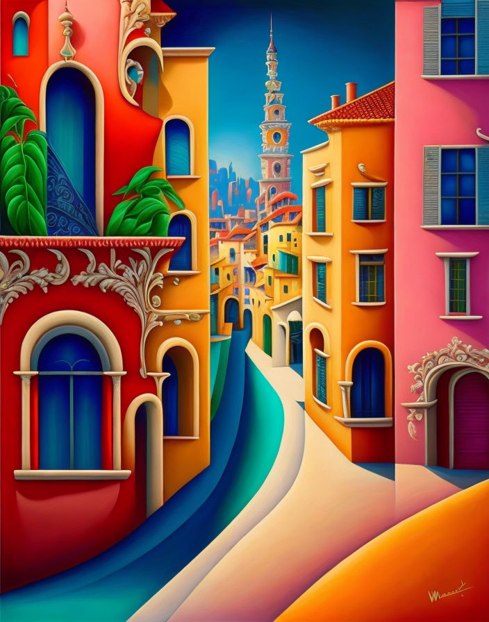 Colorful alley painting with whimsical architecture in a charming setting