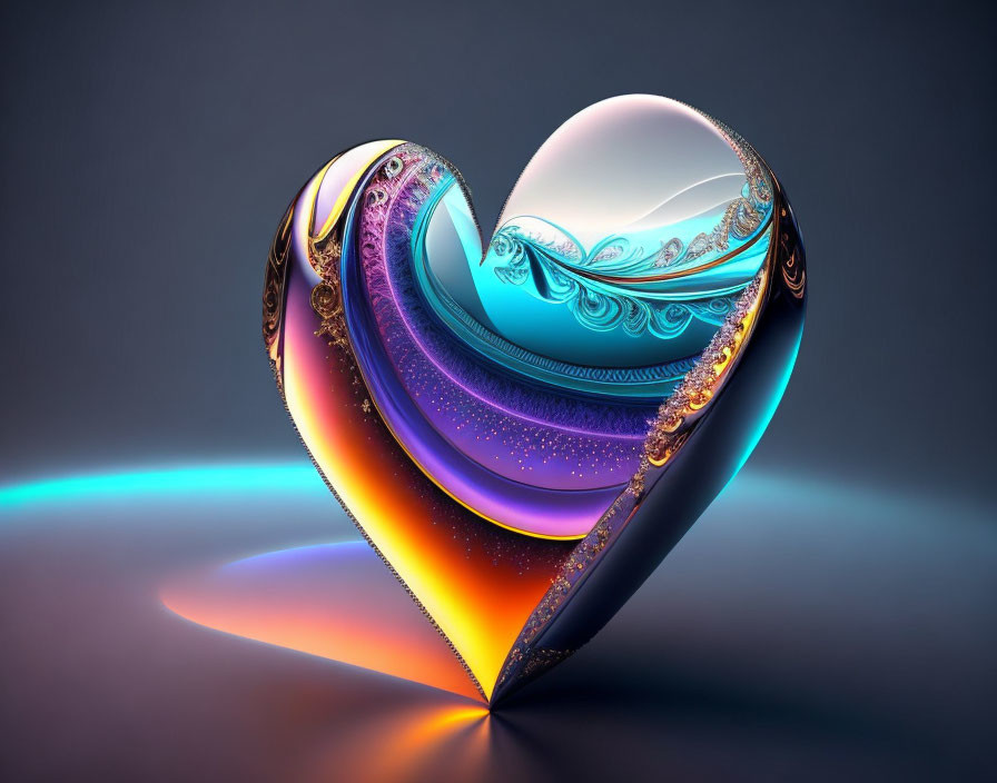 Ornate Heart-Shaped 3D Render with Reflective Surface