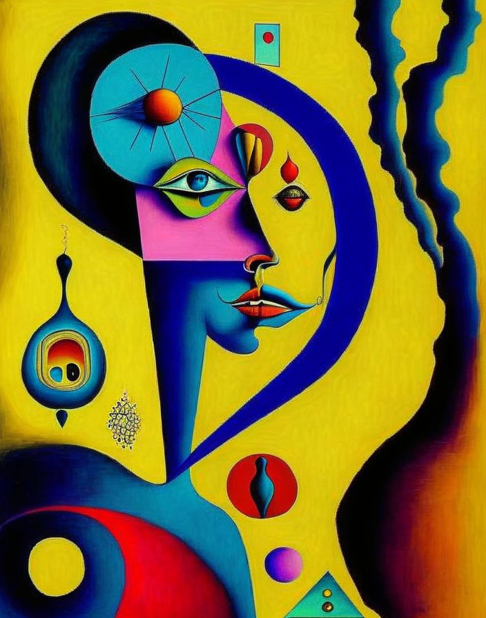 Colorful geometric abstract portrait of a woman with surreal elements on yellow background