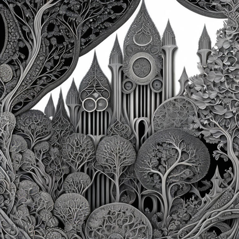 Detailed Monochrome Gothic Landscape Illustration with Intricate Architectural and Foliage Elements