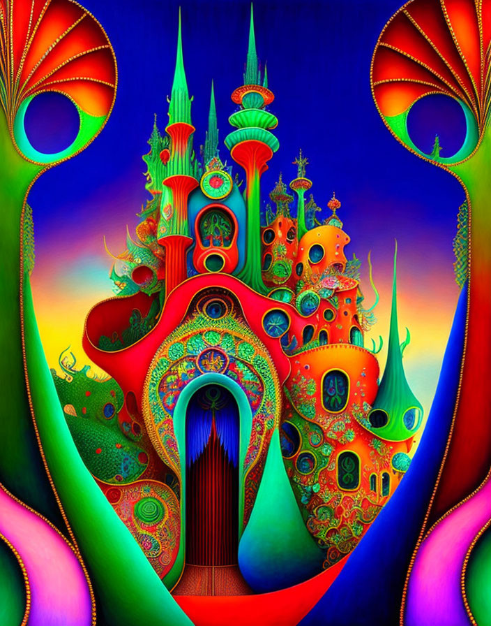 Colorful Psychedelic Fantasy Castle with Swirling Patterns