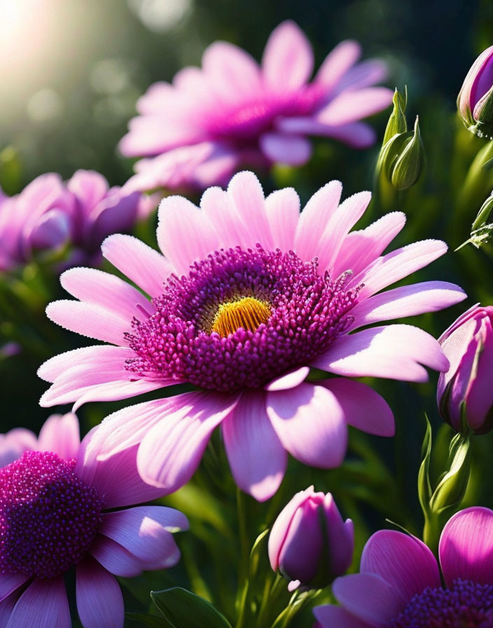 Detailed view of vibrant pink daisy-like flowers with yellow centers amidst green foliage and unopened buds in