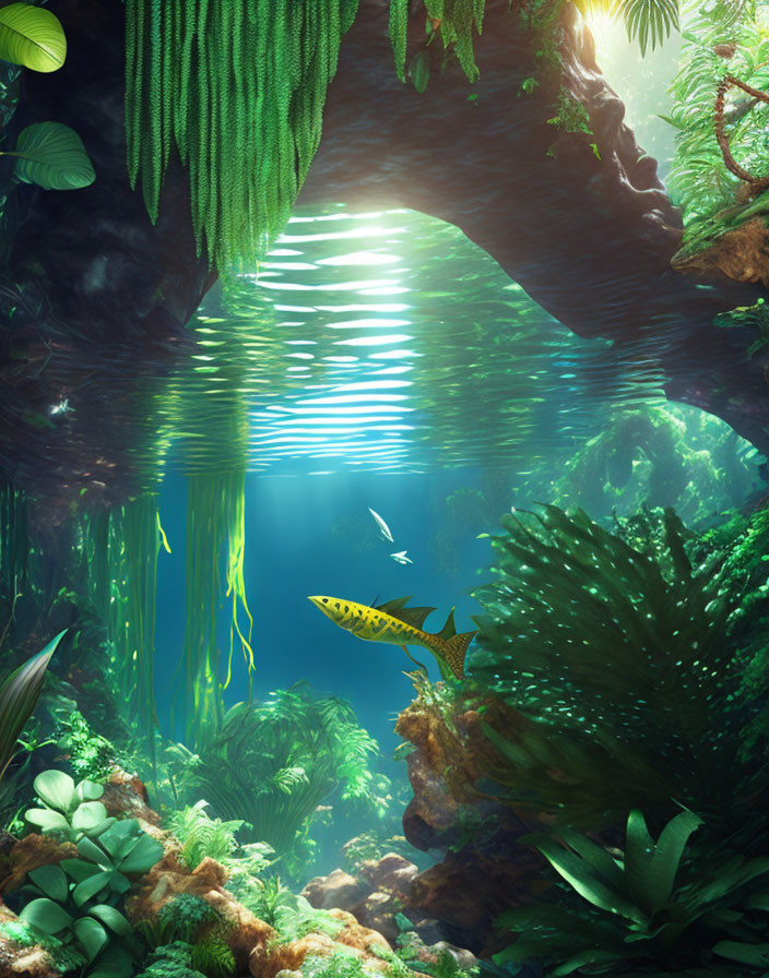 Lush Greenery, Sunlit Water, Dangling Roots, Colorful Fish, Vibrant Coral