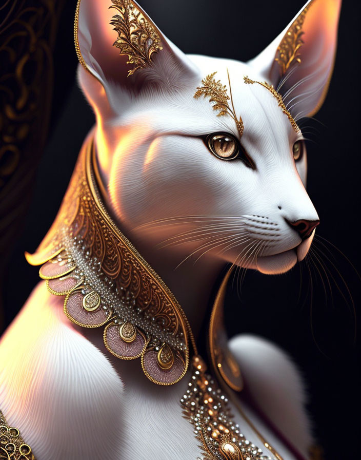 Regal white cat digital art with gold jewelry and ornate embellishments