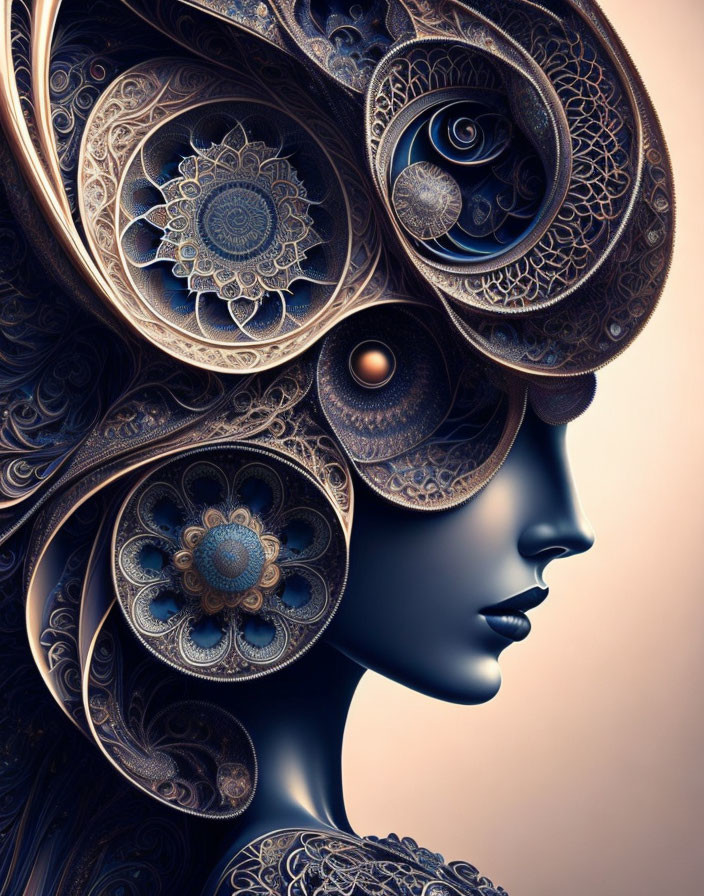 Profile view digital artwork: ornate headpiece with blue and brown mandala designs