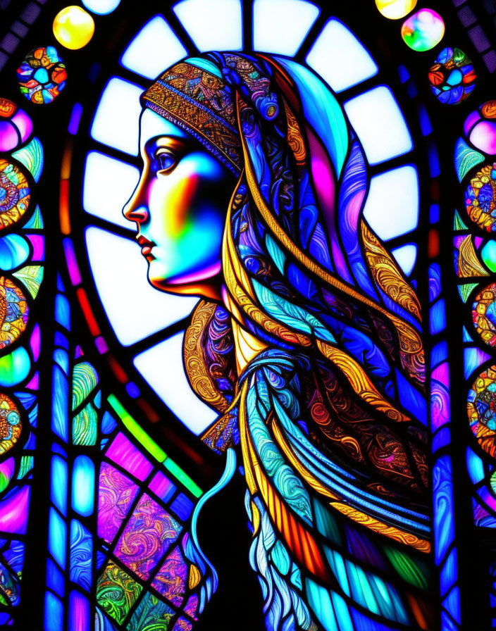 Colorful Stained Glass Illustration of Woman with Flowing Hair and Detailed Headdress