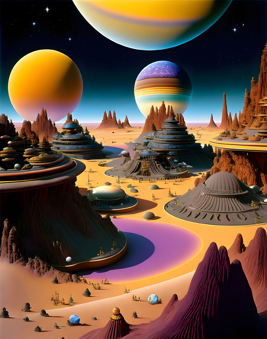 Vibrant purple lakes and massive planets in a sci-fi desert landscape