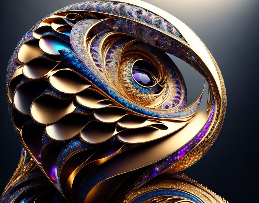 Detailed Gold and Blue Fractal Spiral on Dark Background