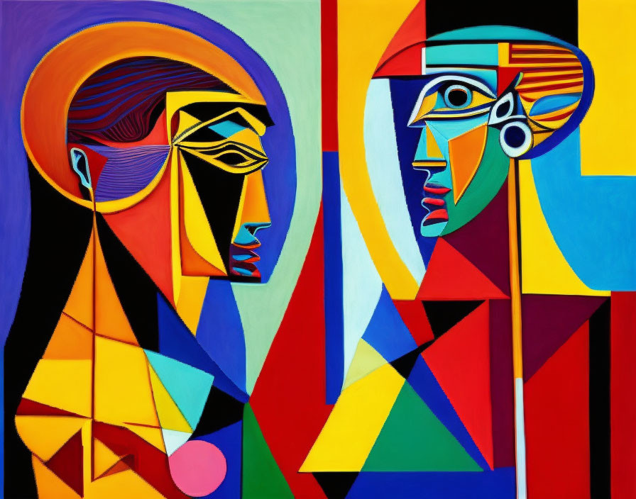 Geometric abstract painting of two stylized faces in vibrant colors